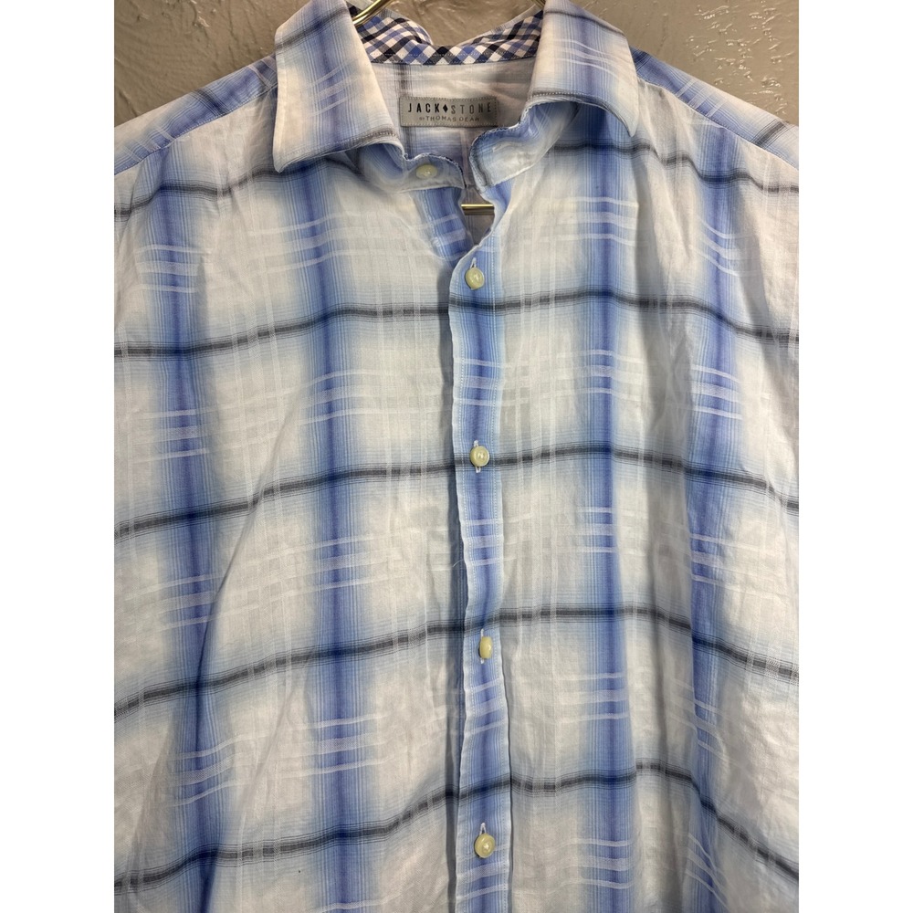 Jack Stone Thomas Dean Mens Blue White‎ Plaid Long Sleeve Button Down Shirt